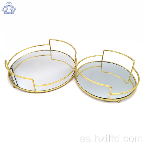 Bandeja de joyería de mesa redonda de metal con espejo